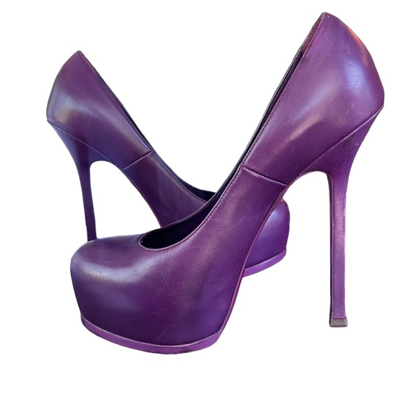 YSL Yves Saint Laurent Rive Gauche Purple Leather Pumps Size 38.5 - Picture 1 of 15